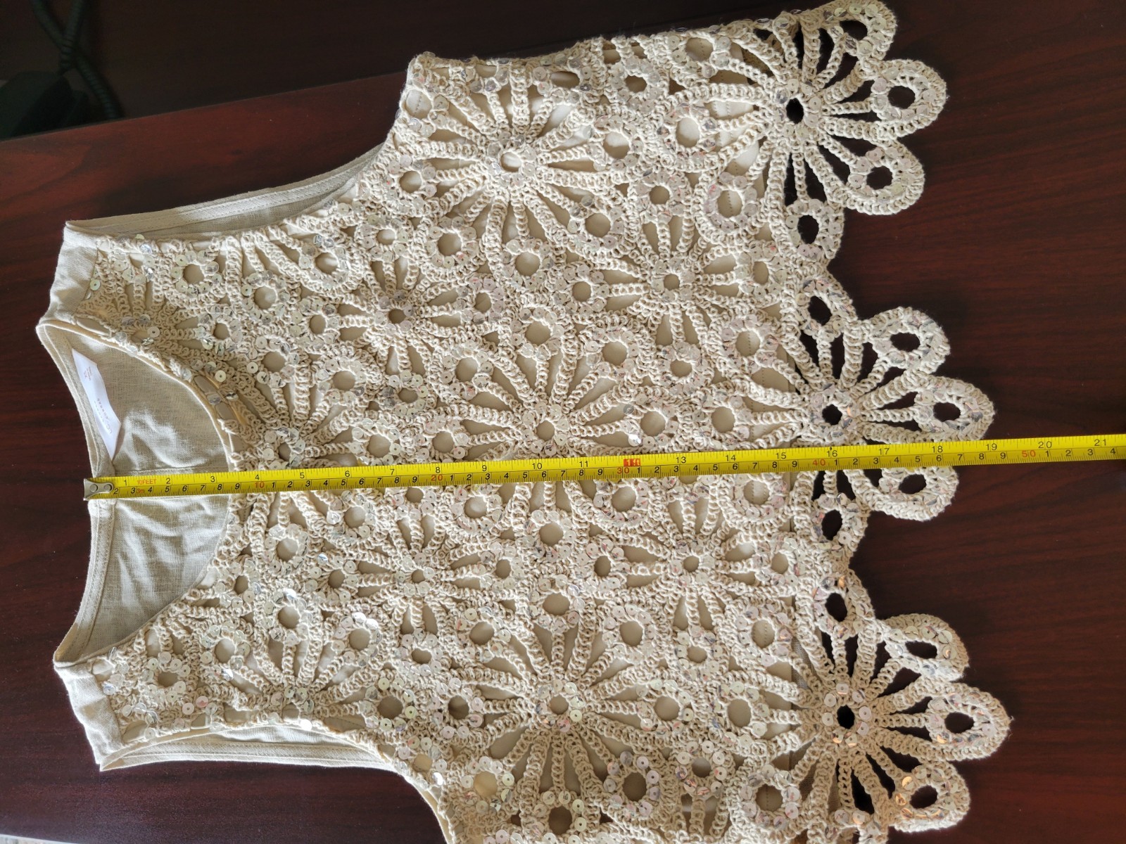 Lauren Conrad Tan Floral Crochet Sequin Sleeveless Tank Glam Boho Linen Blend M