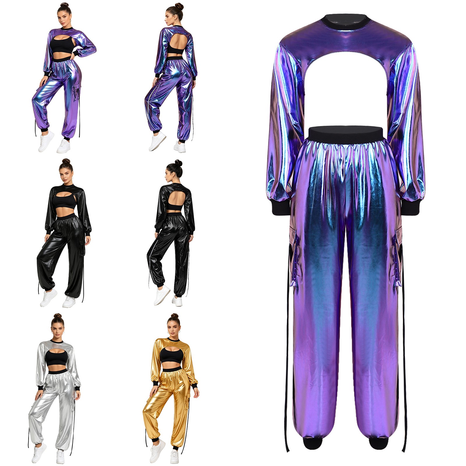 US Women Hip Hop T Shirt with Cargo Pants Pvc Leather Wet Look Shiny Metallic