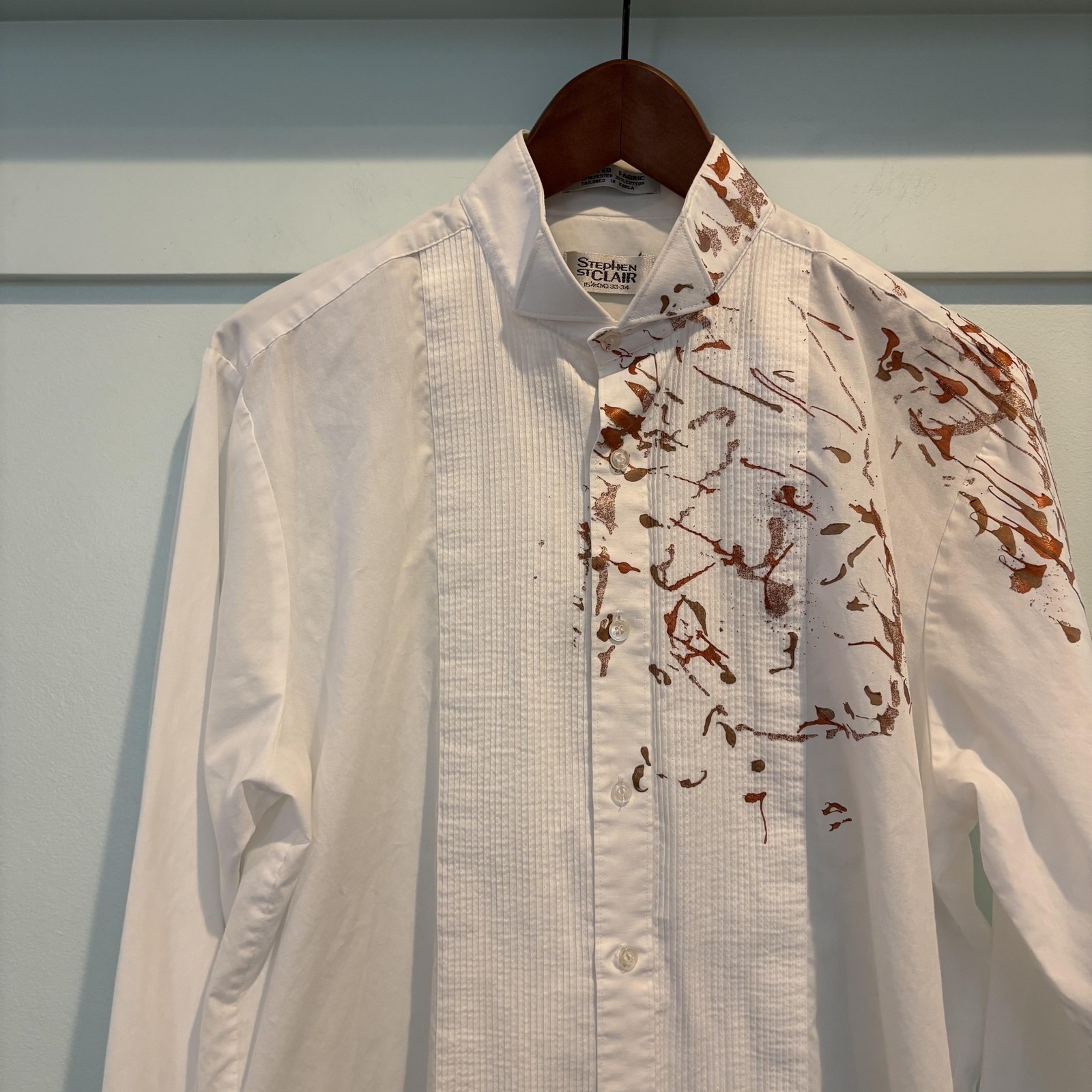 Vtg Stephen St Clair Hand Painted Tuxedo Blouse White Bronze Artsy Avant Garde