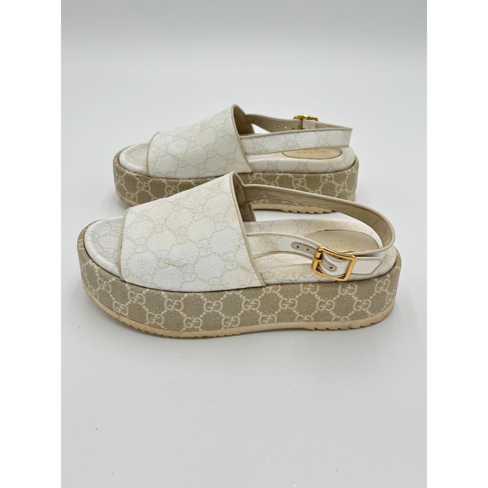 Gucci Angelina Slingback Platform Slide Sandals Monogram Canvas Size EU 38 US 8
