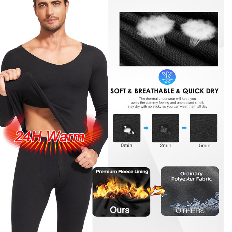 Mens Thermal Underwear Set Fleece Lined Soft Long Johns Base Layer Top & Bottom