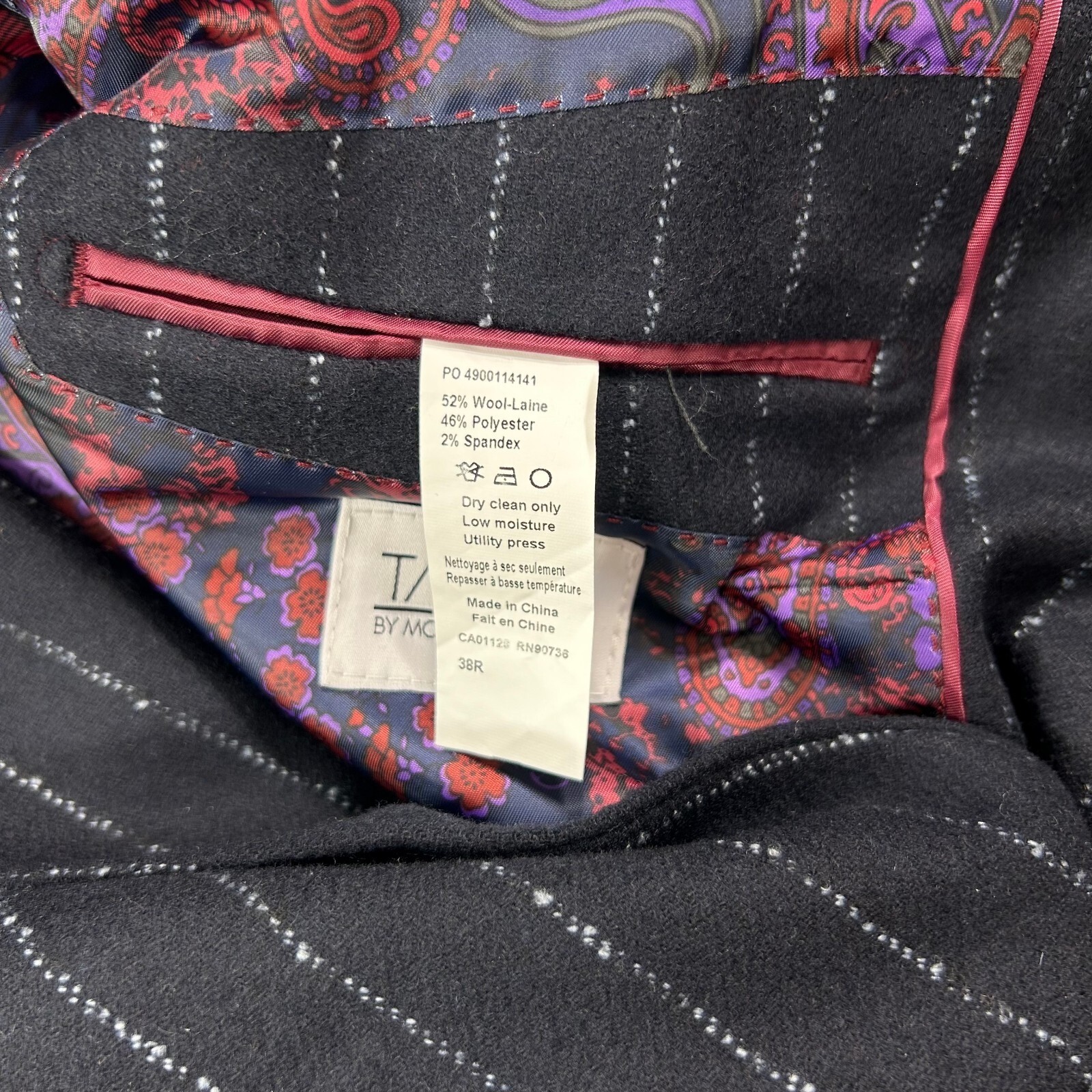 Tayion Collection Suit Jacket Mens 38R 38 Navy Blue Stripe Wool Stretch $425 NEW