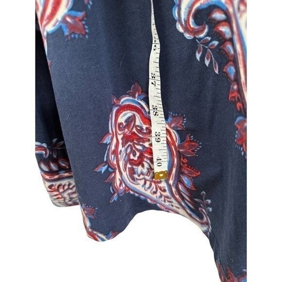 Navy Blue Paisley Long Sleeve Crew Neck Shift Dress Red White Print
