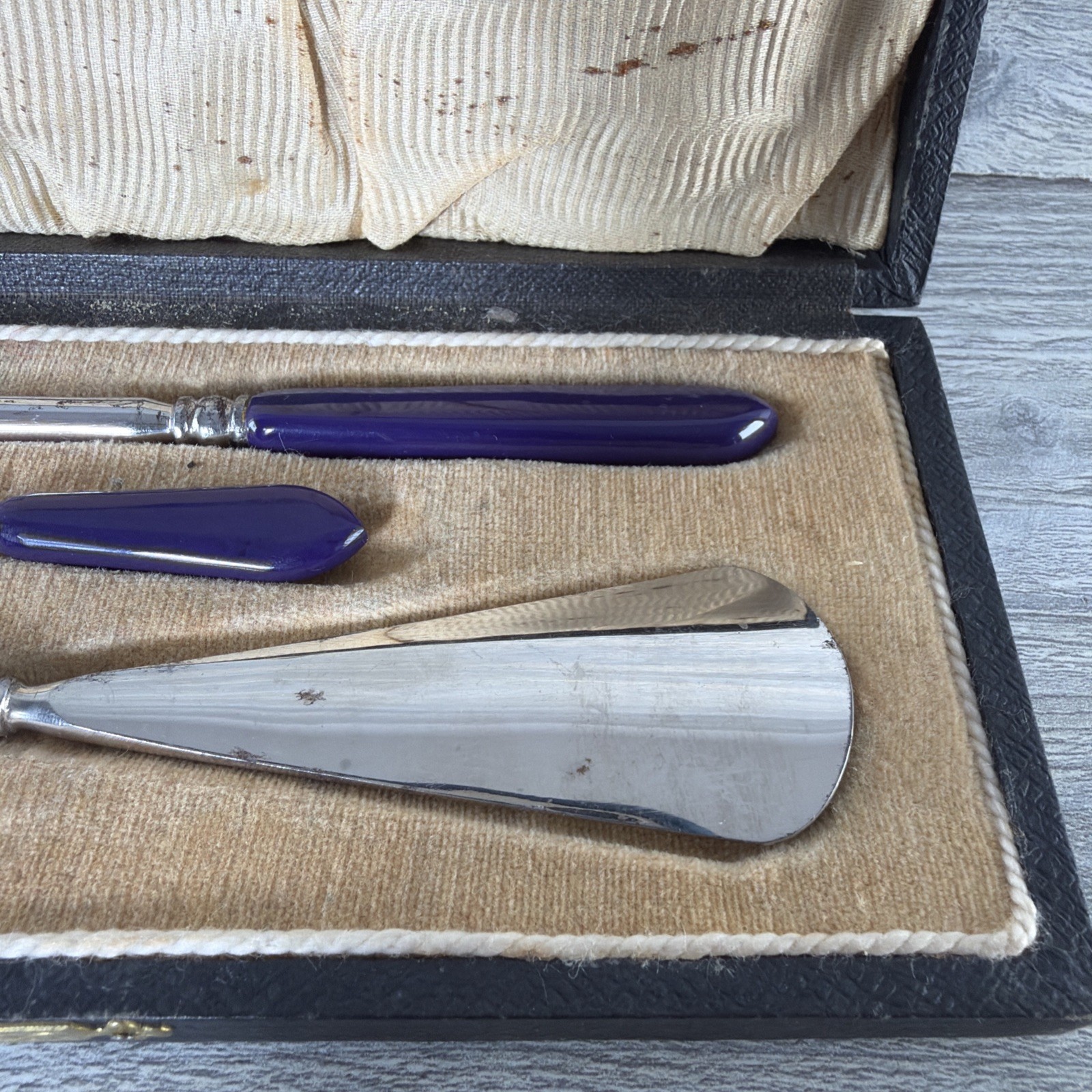 Vintage 3 Pc Blue Bakelite Handle Shoe Boot Button Hook & Shoe Horn Set In Case