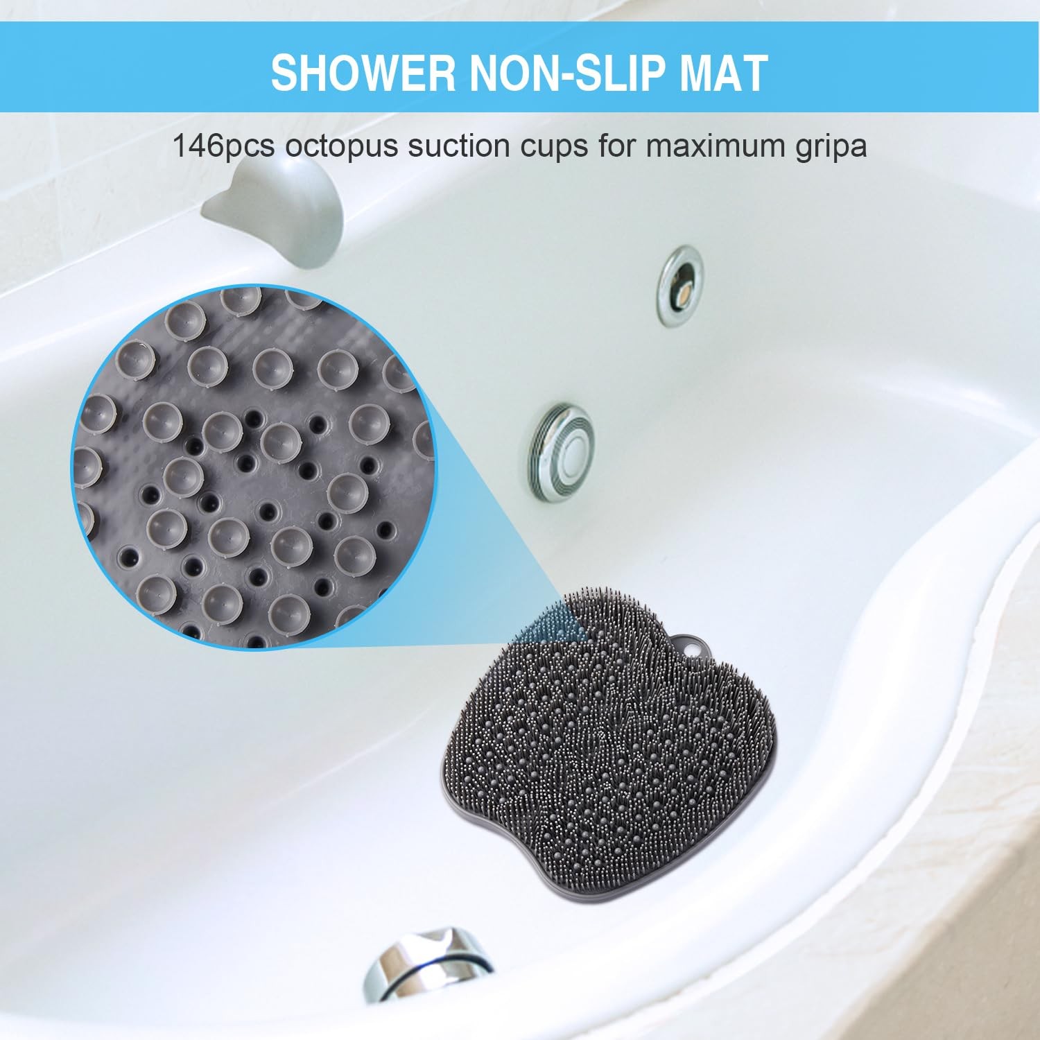 BESKAR XL Large Foot Scrubber Mat for Use in Shower 11″ x (Square), Gray