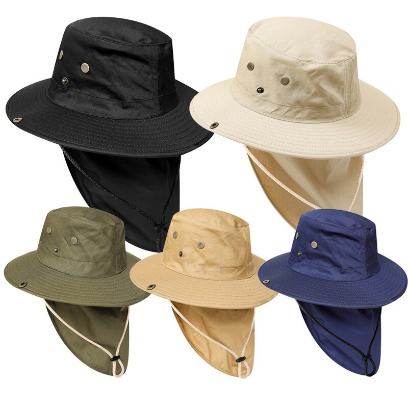 Men Bucket Boonie Hat Neck Cover Flap Sun Wide Brim Fishing Outdoor Cap Quickdry