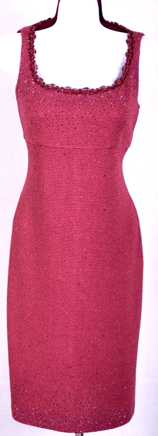 ST JOHN Womens Knit Tweed Pink Studs Crystal Beads Trim Shimmer Dress Sz 6