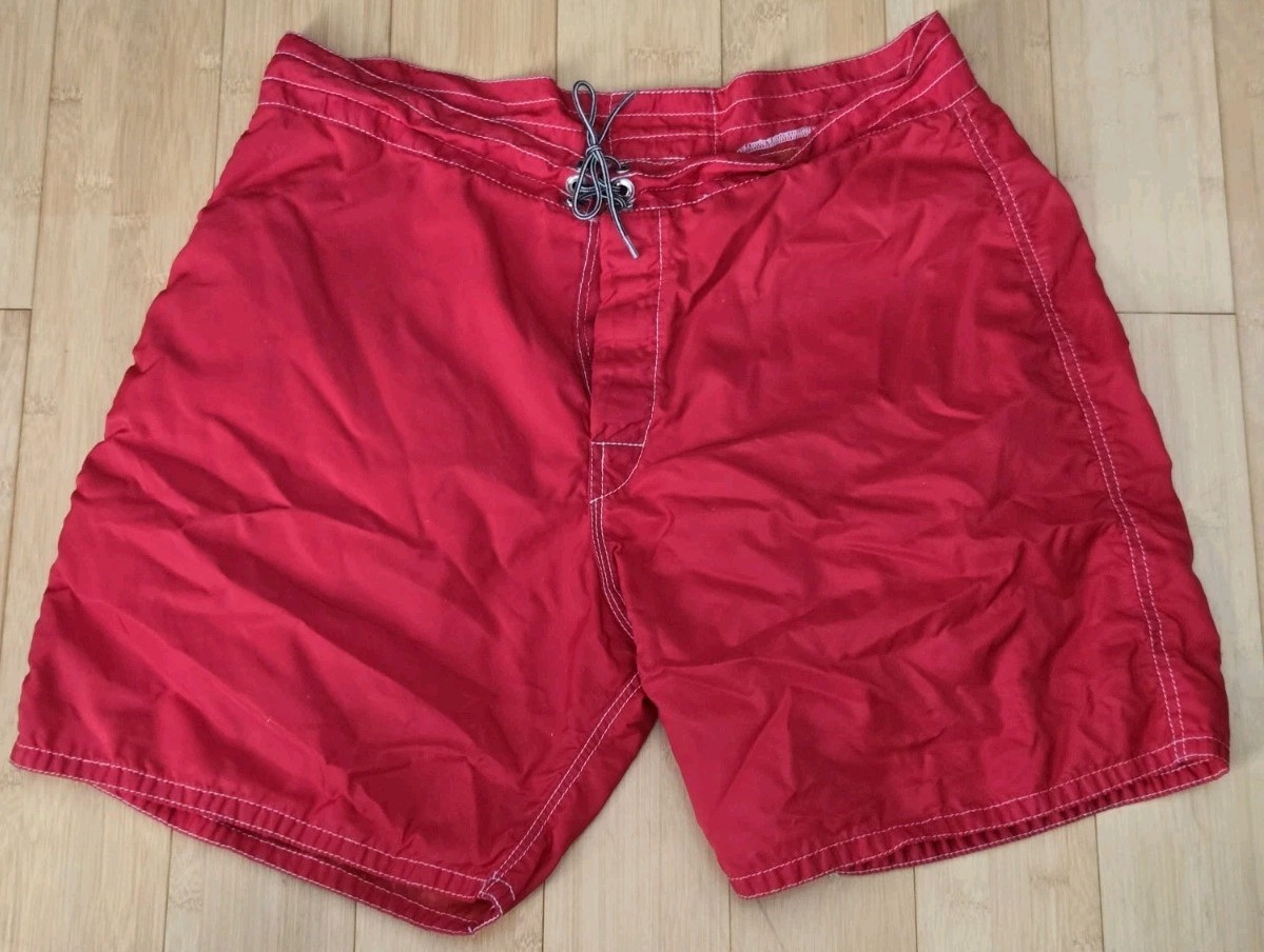 VTG Birdwell Beach Britches Boardshorts Mens 33 Red Lace Up Swim Made In USA
