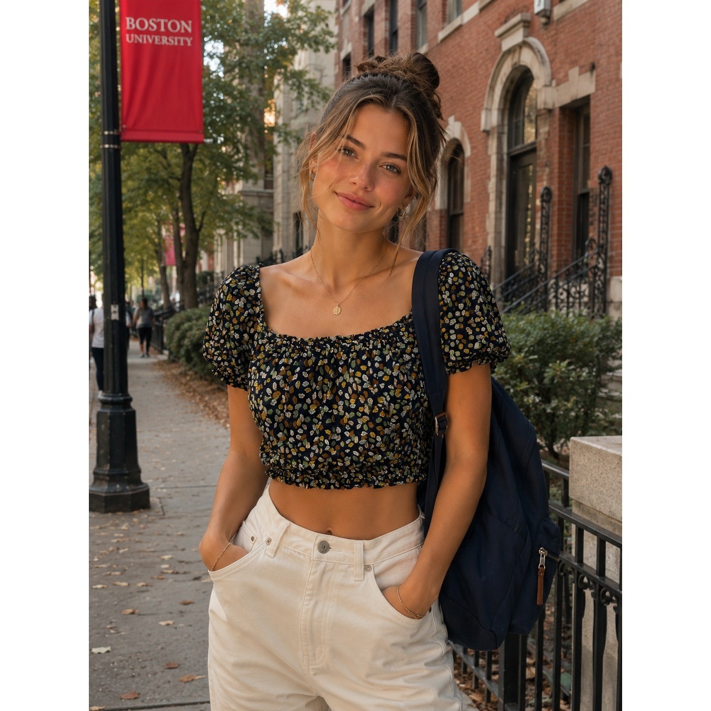 Blush B.J. Leaf Print Off Shoulder Crop Top Womens Medium Navy Blue Excellent