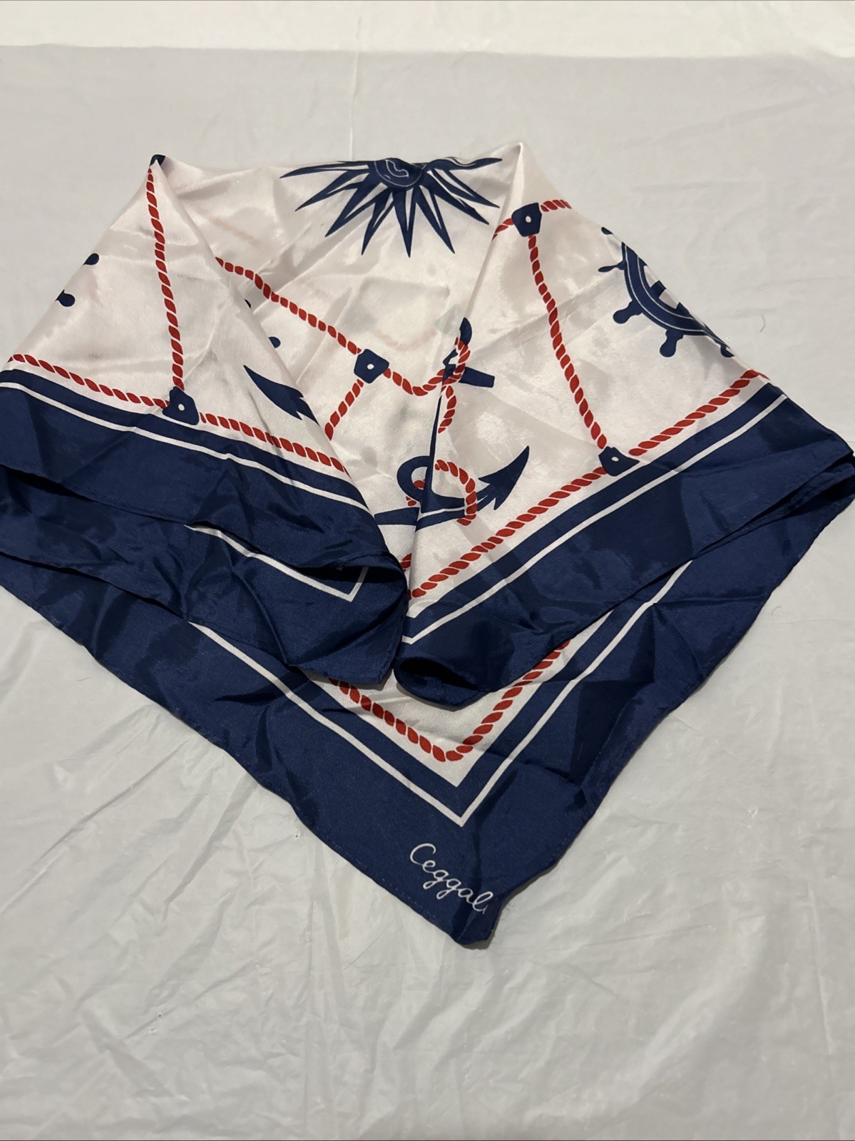 Ceggali nautical scarf white w/ red rope border, navy blue ship wheels, anchors