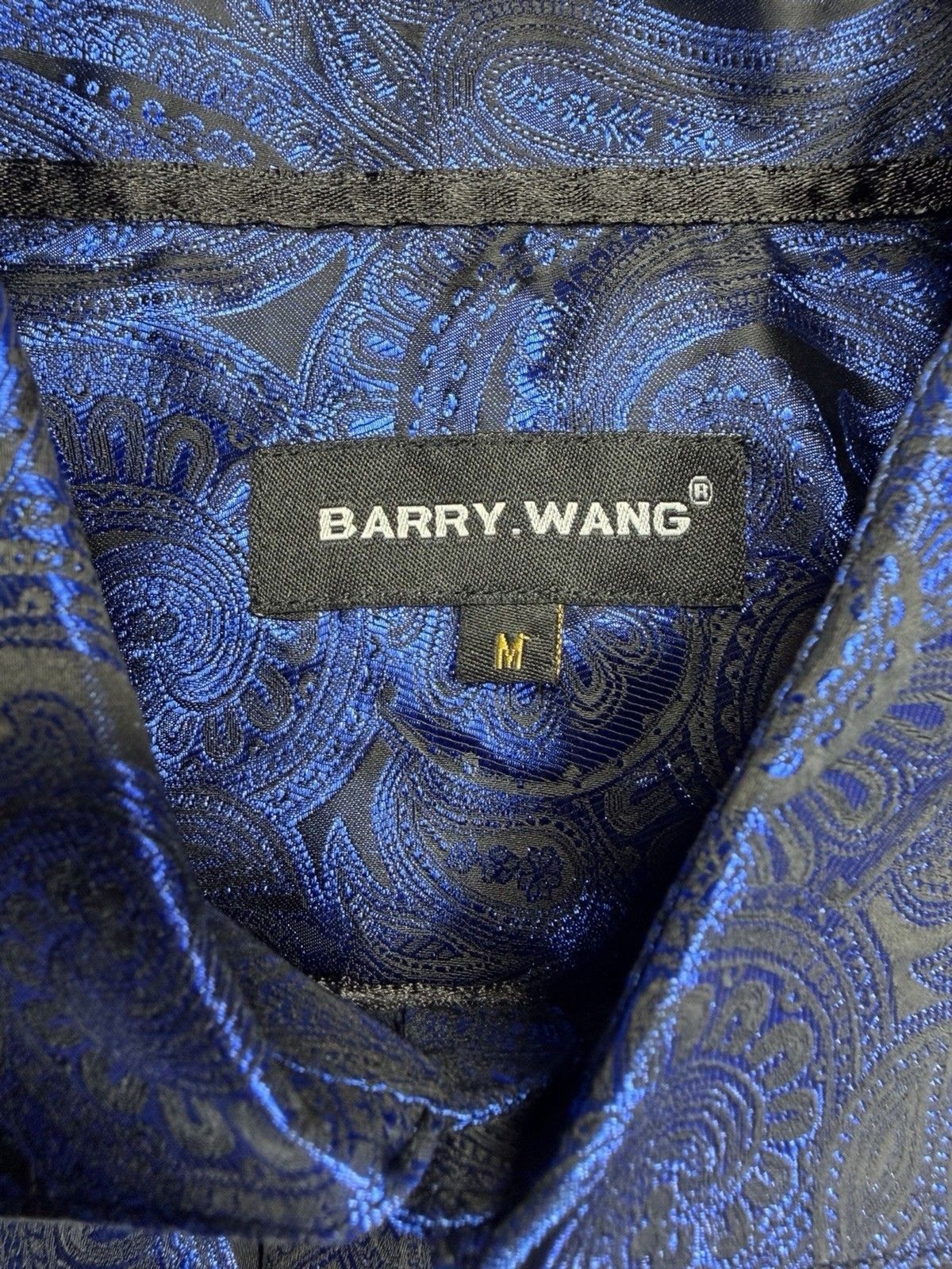 Mens Barry Wang Size Medium Blue Long Sleeve Shirt Paisley Design Dress Shirt