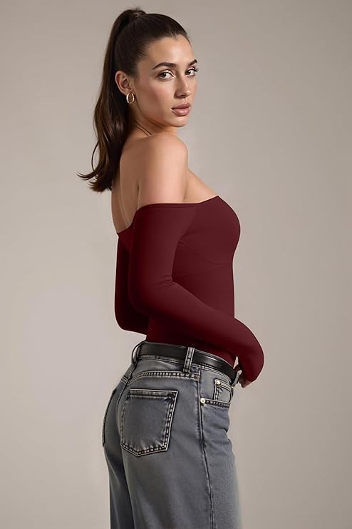 OQQ Bodysuit Womens Off-Shoulder Long Sleeve Seamless Shapewear Top Red M