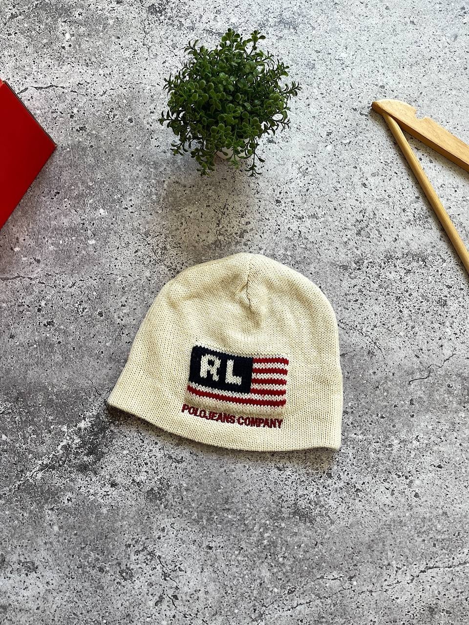 Vintage Polo Jeans Company RL USA Flag Knit Beanie Hat Cream One Size