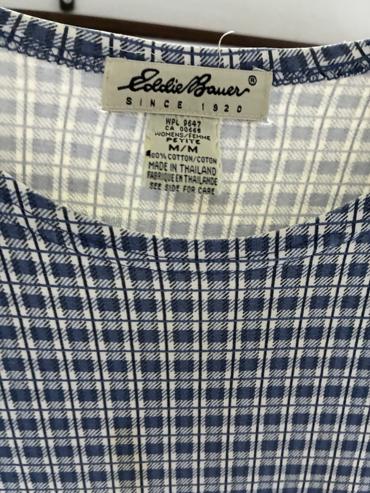 Vintage Eddie Bauer Blue Gingham Plaid Cotton Maxi Dress Pockets M Petite