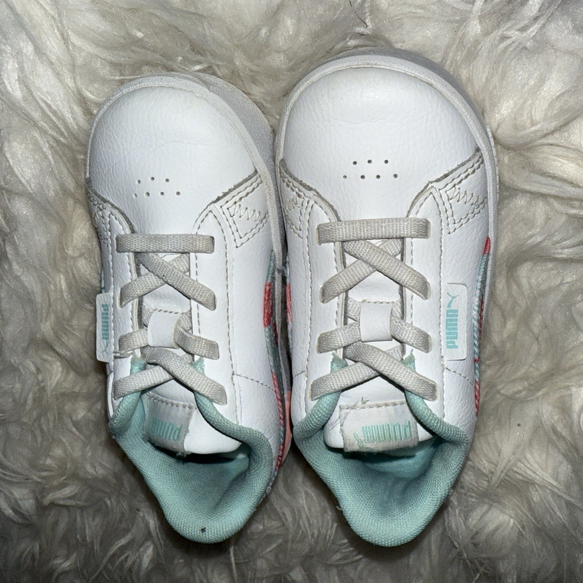 PUMA Carina Kids Sneakers White Pink Blue Synthetic Lace-Up Low Top US 8 EU 24