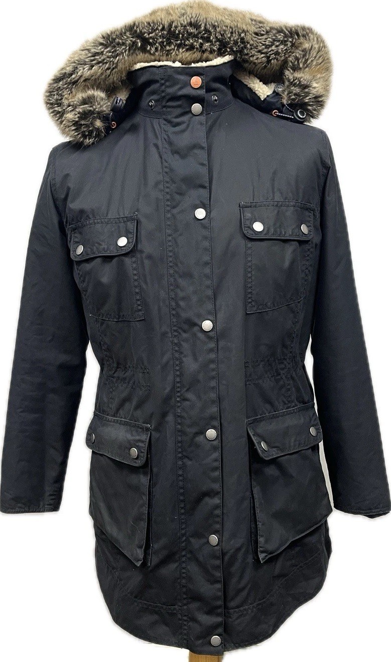 Barbour Carribena Wax Jacket In Navy Detachable Hood And Fleece Lining – Size 14