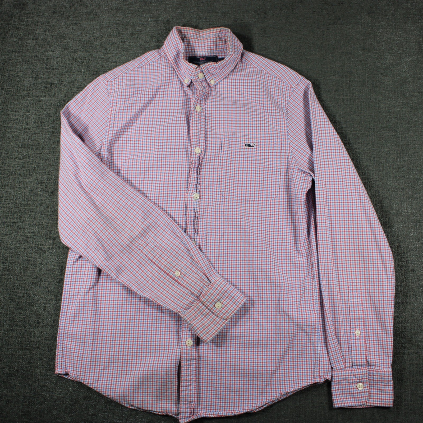 Vineyard Vines Mens Slim Fit Tucker Shirt Red Blue Gingham Check Cotton Blend S