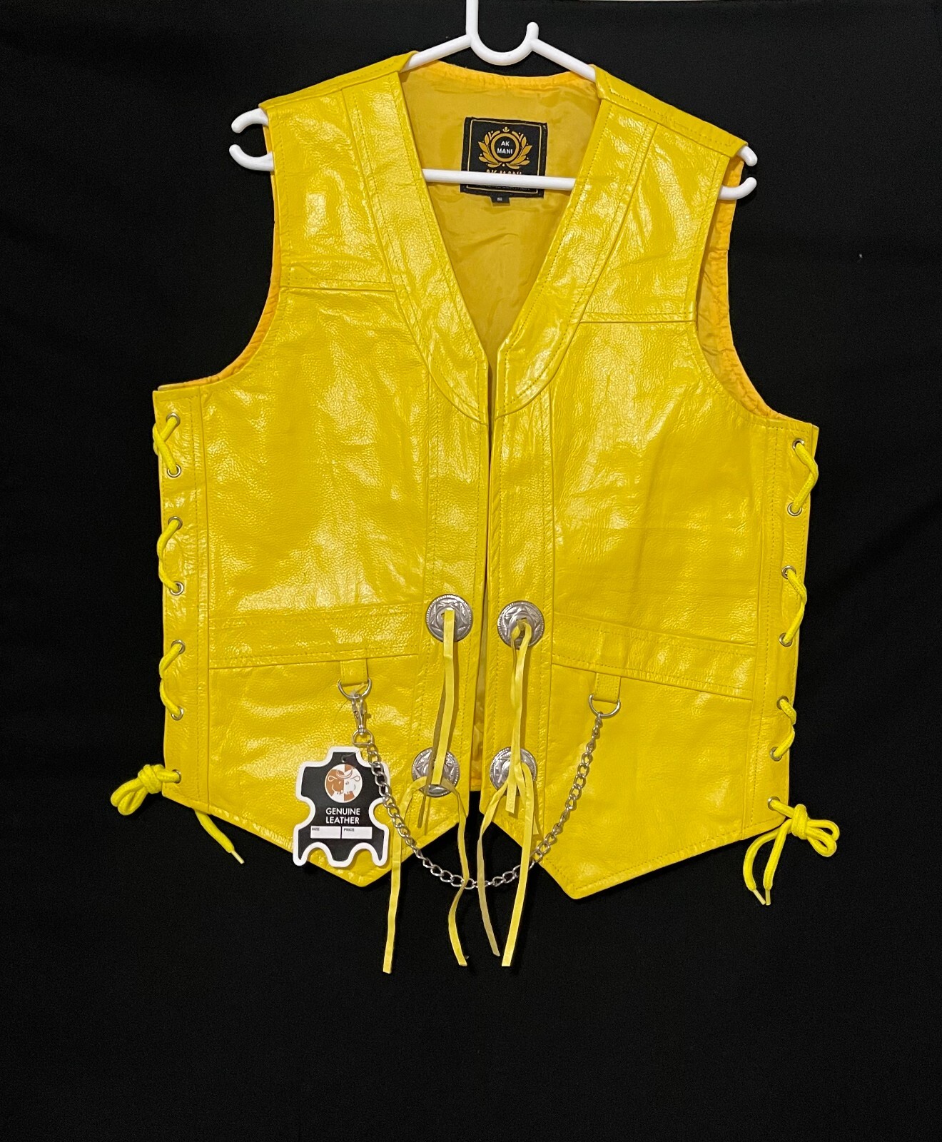 Mens YELLOW Orignal COW LEATHER Vest Chain Concho Motorcycle Biker Waistcoat NEW