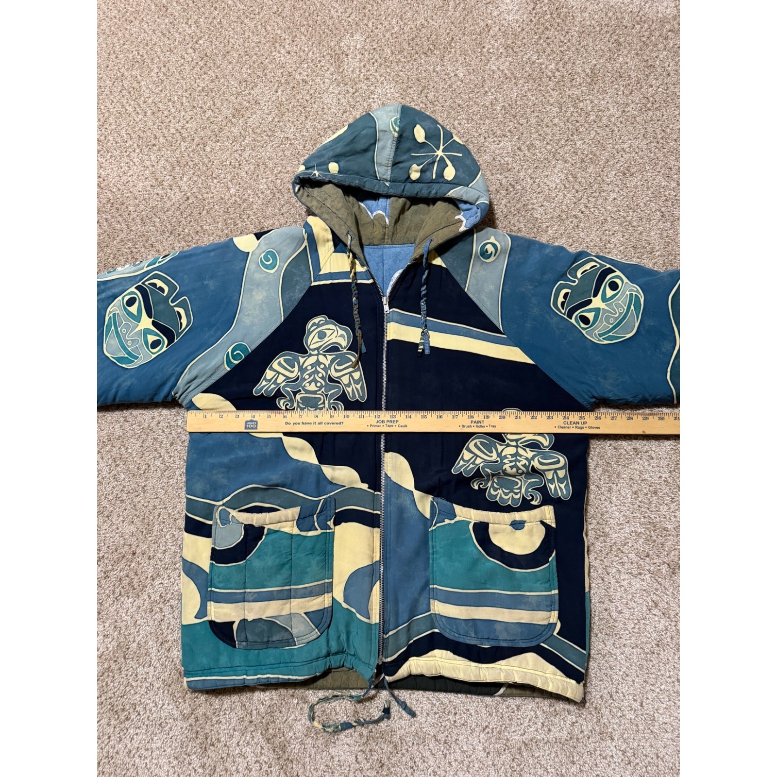 Asian Creations Jacket Mens Medium Blue Batik Eagle Mask Quilted Hooded Zip Up
