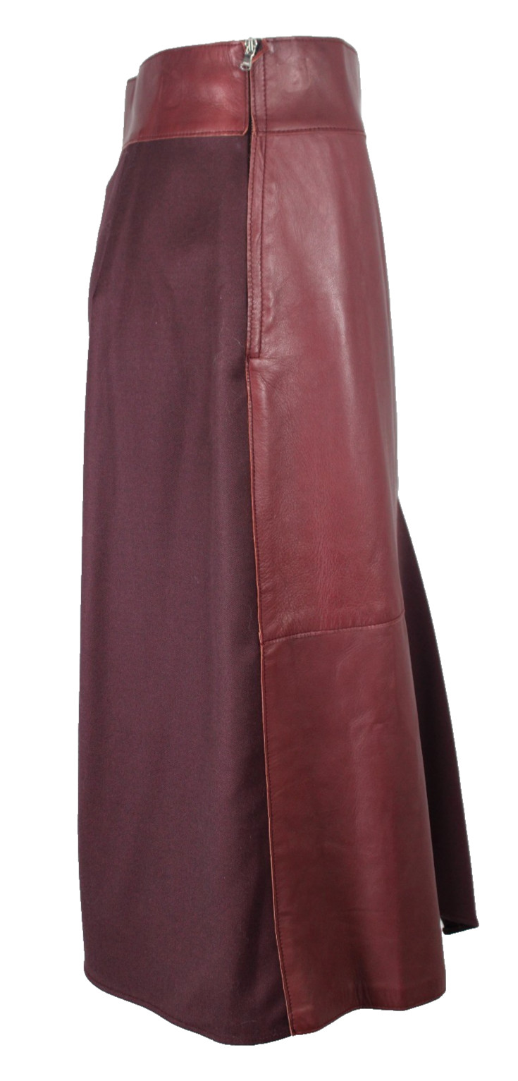 3.1 PHILLIP LIM Crimson Red Leather & Wool Twill Asymmetric A-Line Skirt 8