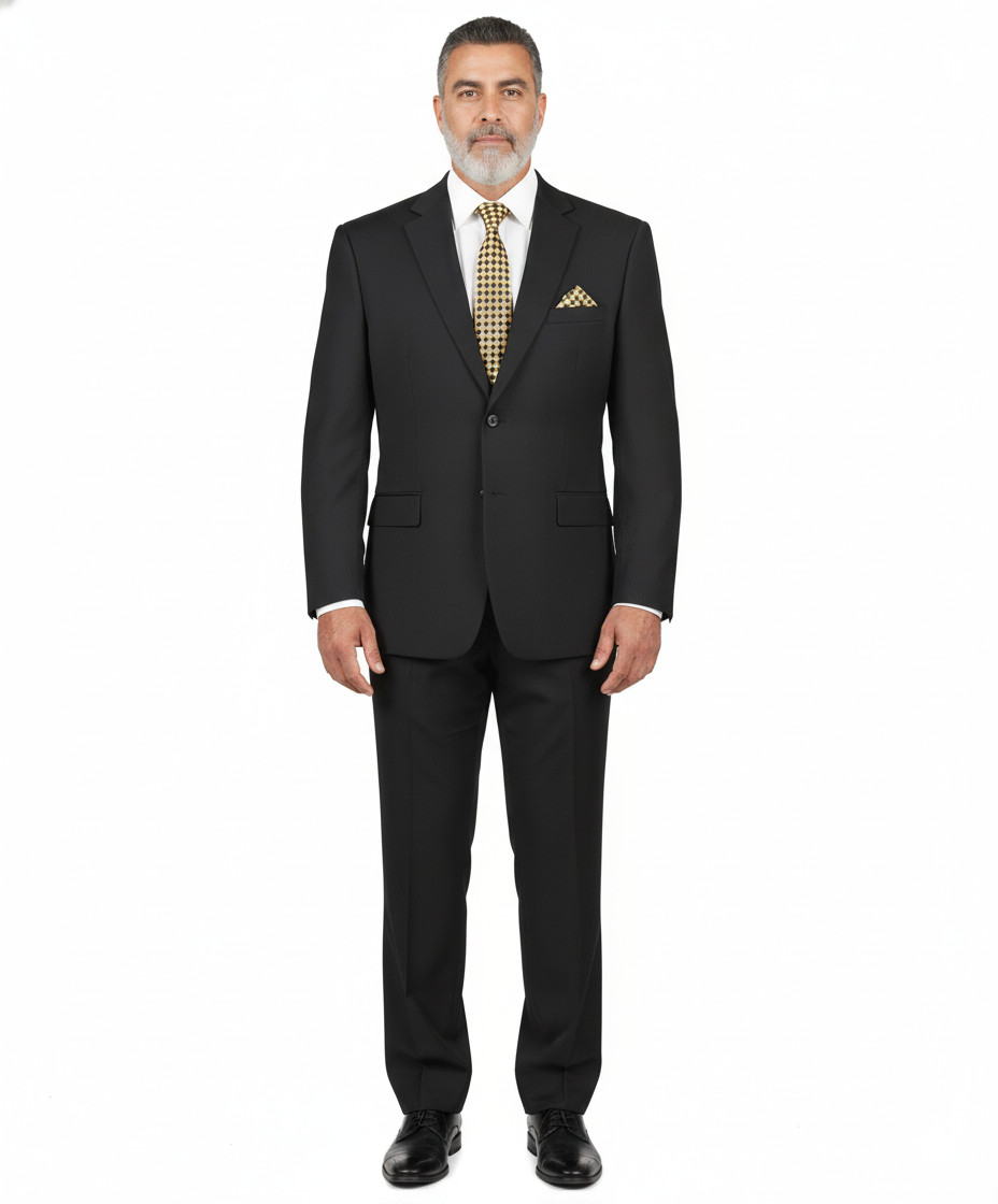 VINCI Men Solid Color Elastic Waistband Classic Regular Fit Black Suit