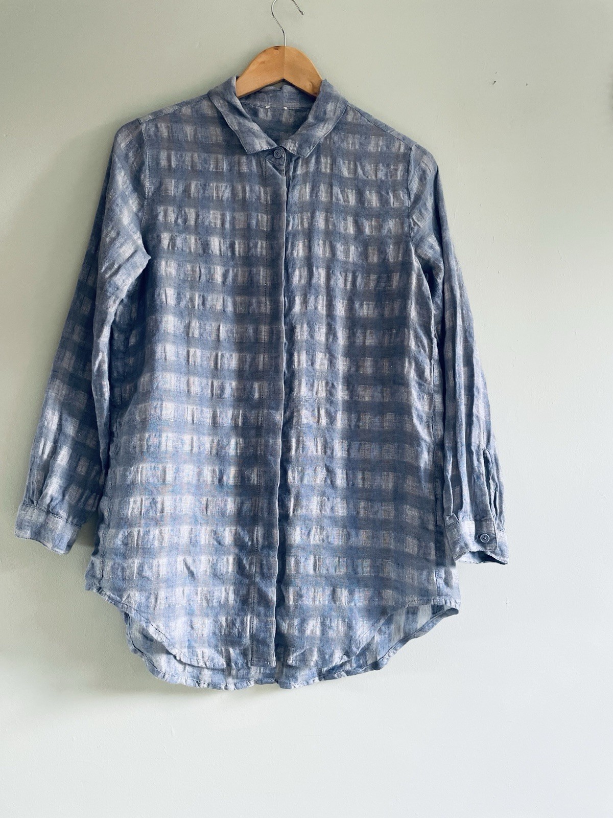Poetry Blue Plaid Check Crinkle Effect Blue Long Sleeved Relaxed Fit Blouse Uk 6