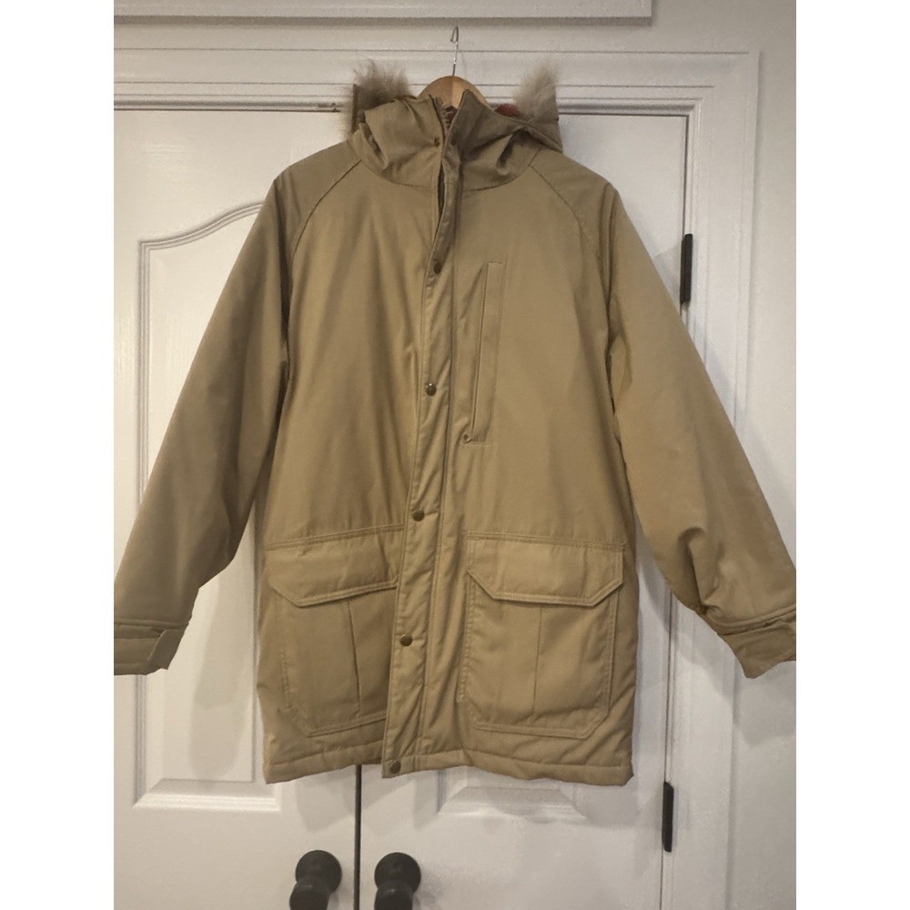 Vintage USA Woolrich Lined Coat Plaid Medium Heavyweight Parka Excellent Tan