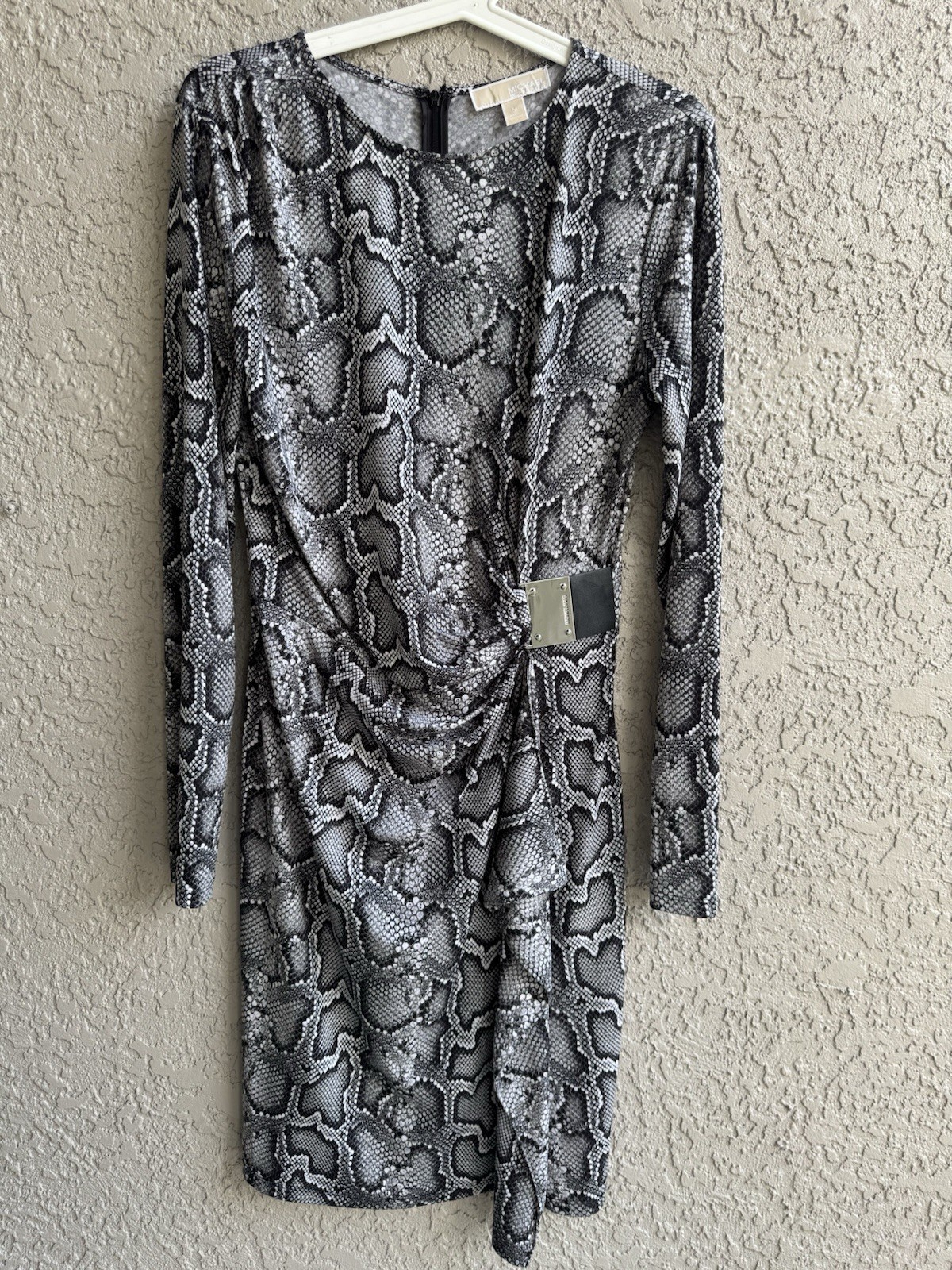MICHAEL KORS Women’s Dress Logo Plate Faux Wrap Snakeskin Print Gunmetal Size M
