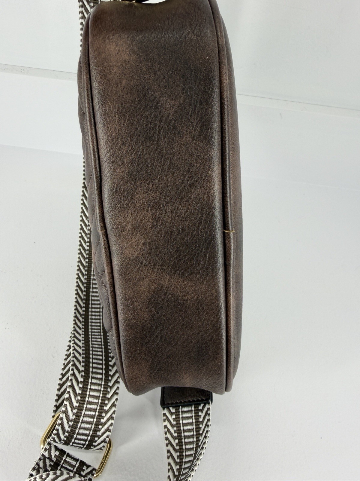 Bostanten Nola Brown Chevron Quilted Crossbody Bag W/Striped Guitar Style Strap
