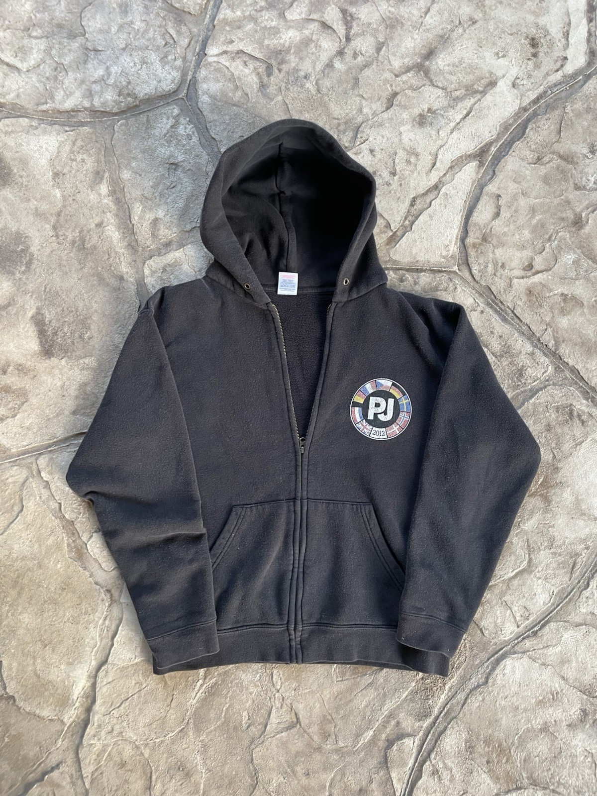 Y2K Baggy Skater Zip Hoodie Black PJ Circle Logo 2000s Streetwear Size S