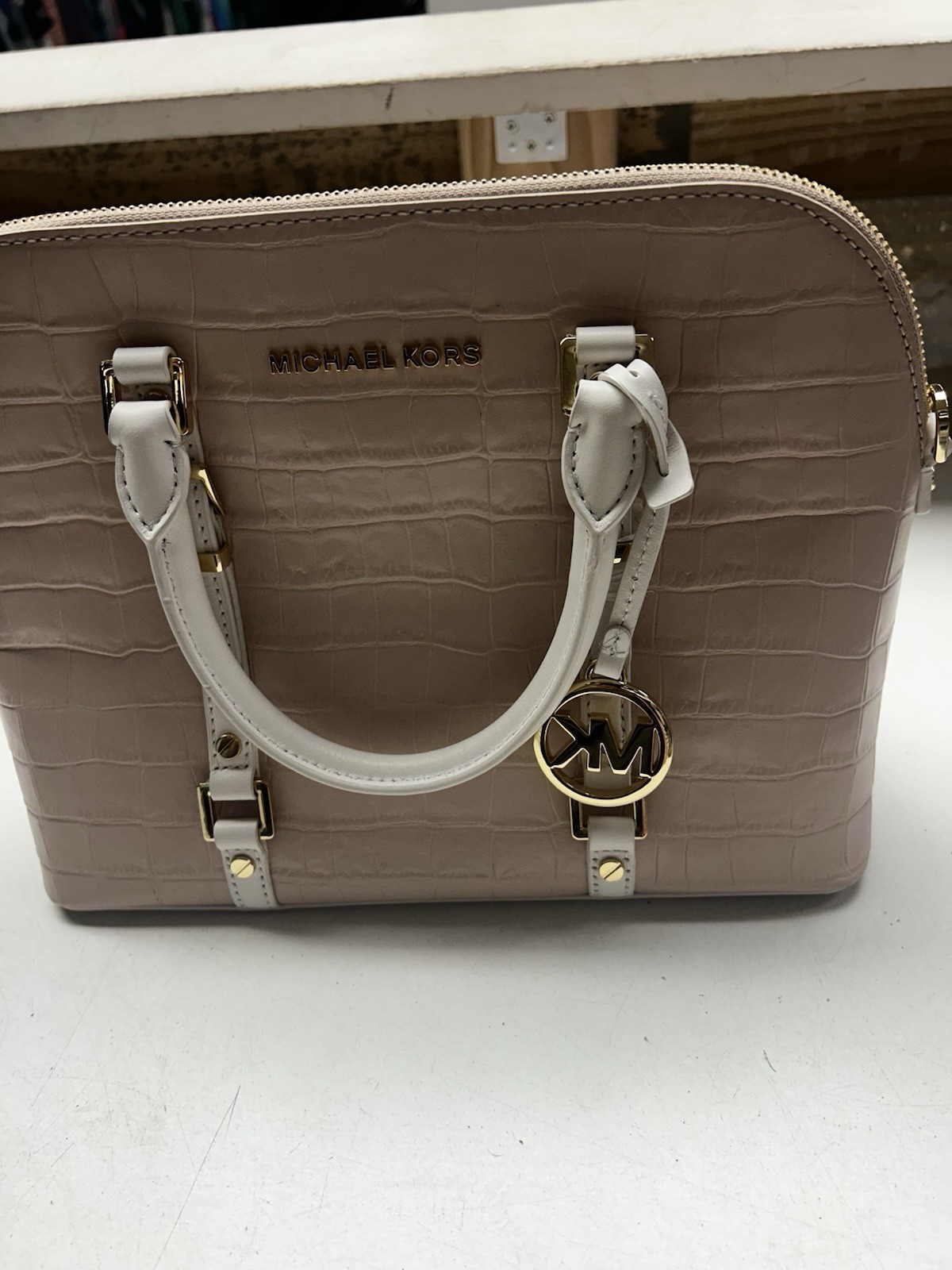 Michael Kors Beige/White Crocodile Embossed Satchel Zip Gold Hardware Strap