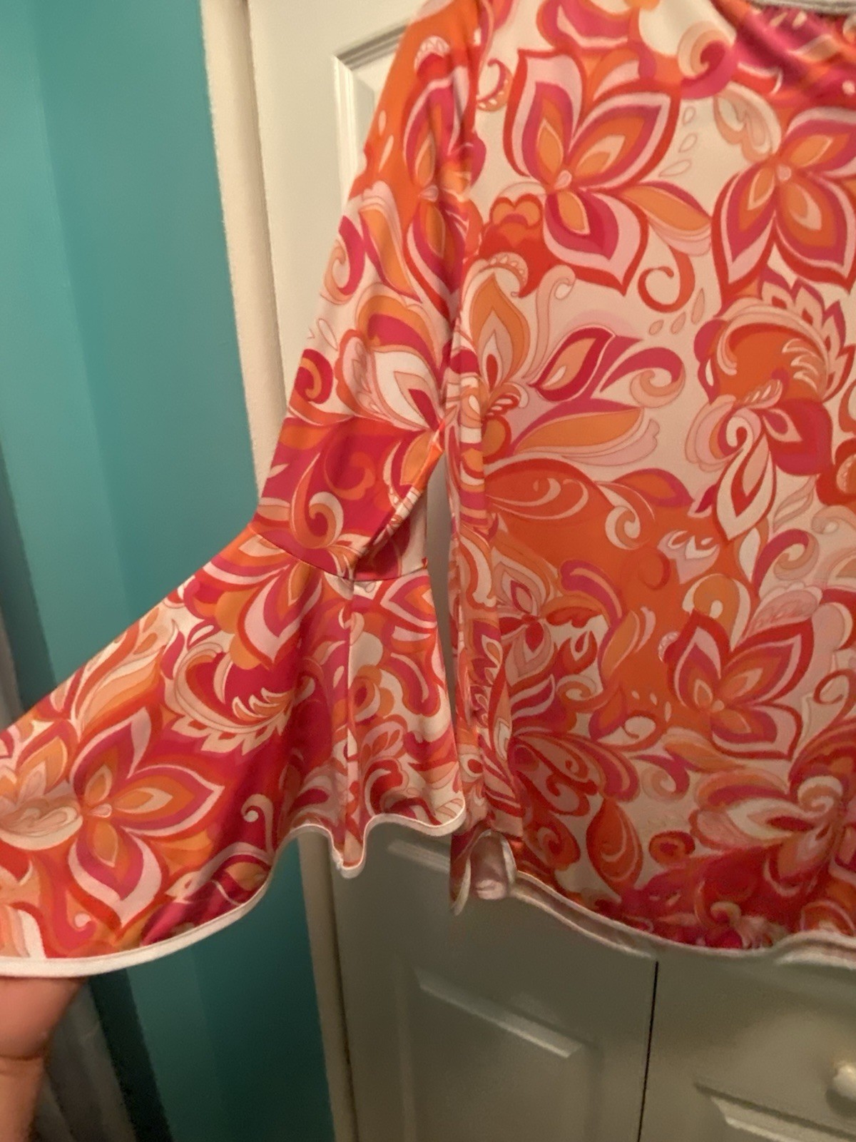 Sam & Jess Vintage Inspired 60’s Groovy Swirl Floral Pink Orange Top Large