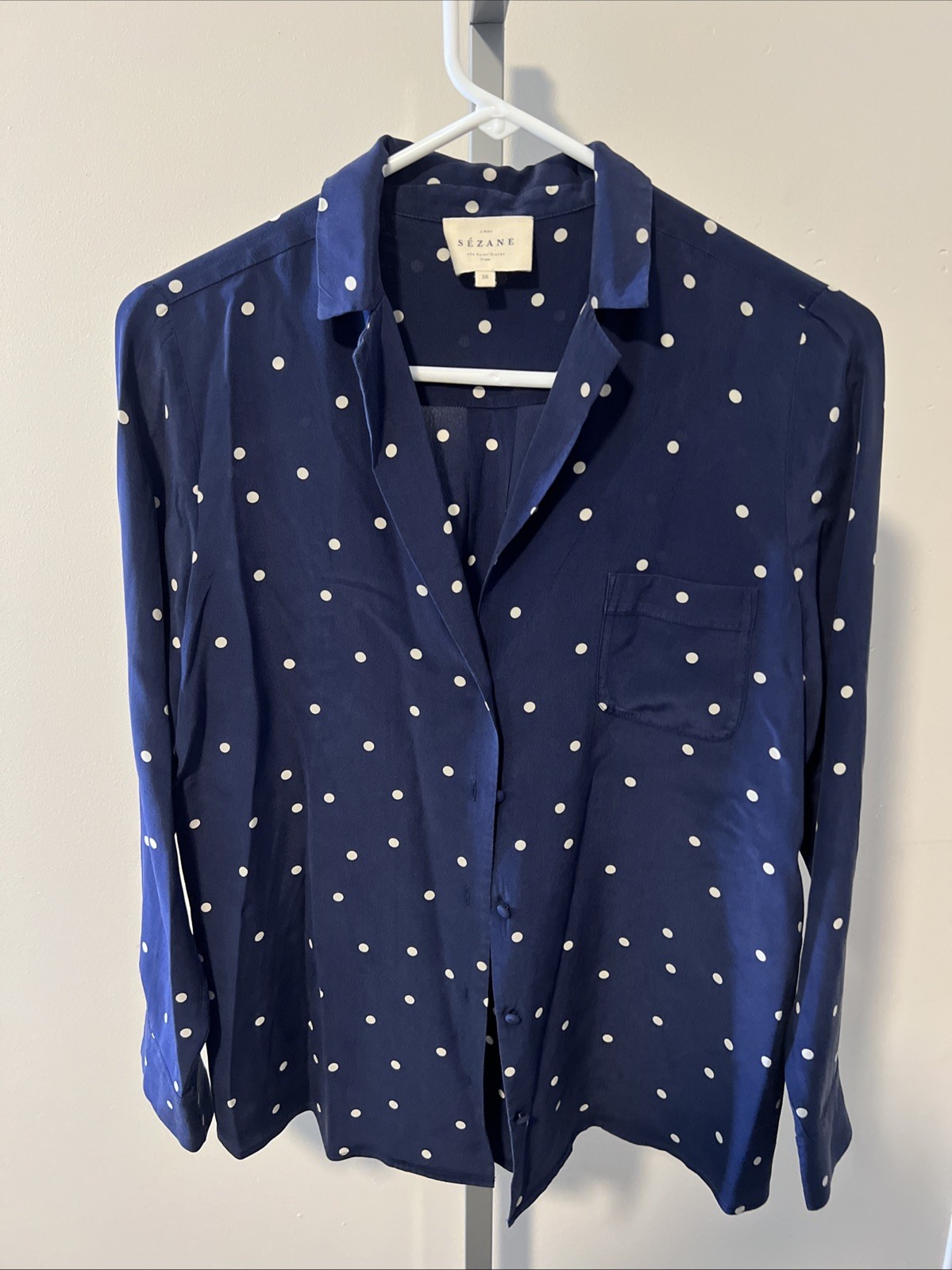 SÉZANE Polka Dot Silk Button-Up Long Sleeve Shirt Navy Blue Size 38