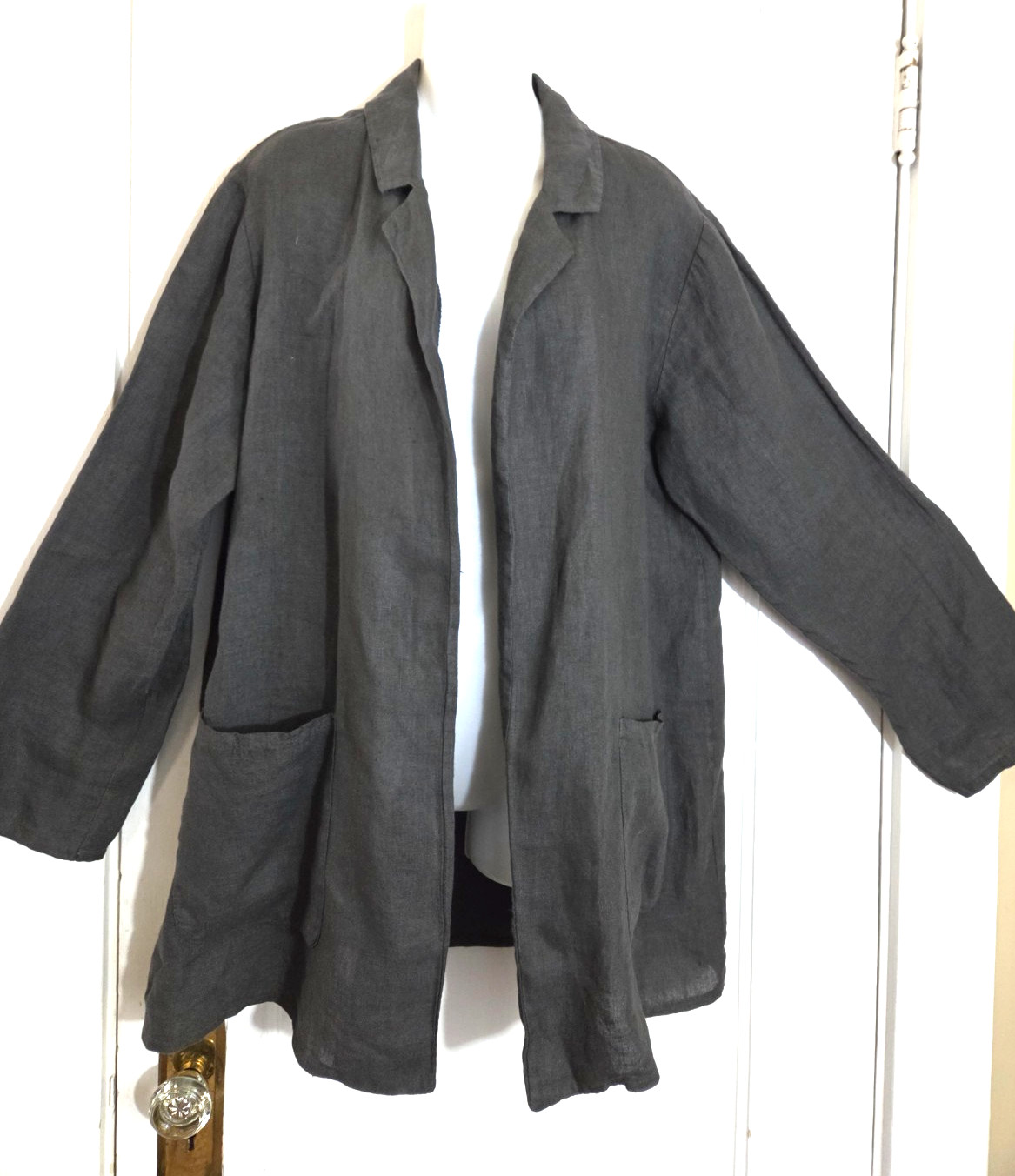 ANGELA MARA Long Open Front LINEN JACKET DUSTER, Size L, Dark Gray ITALY