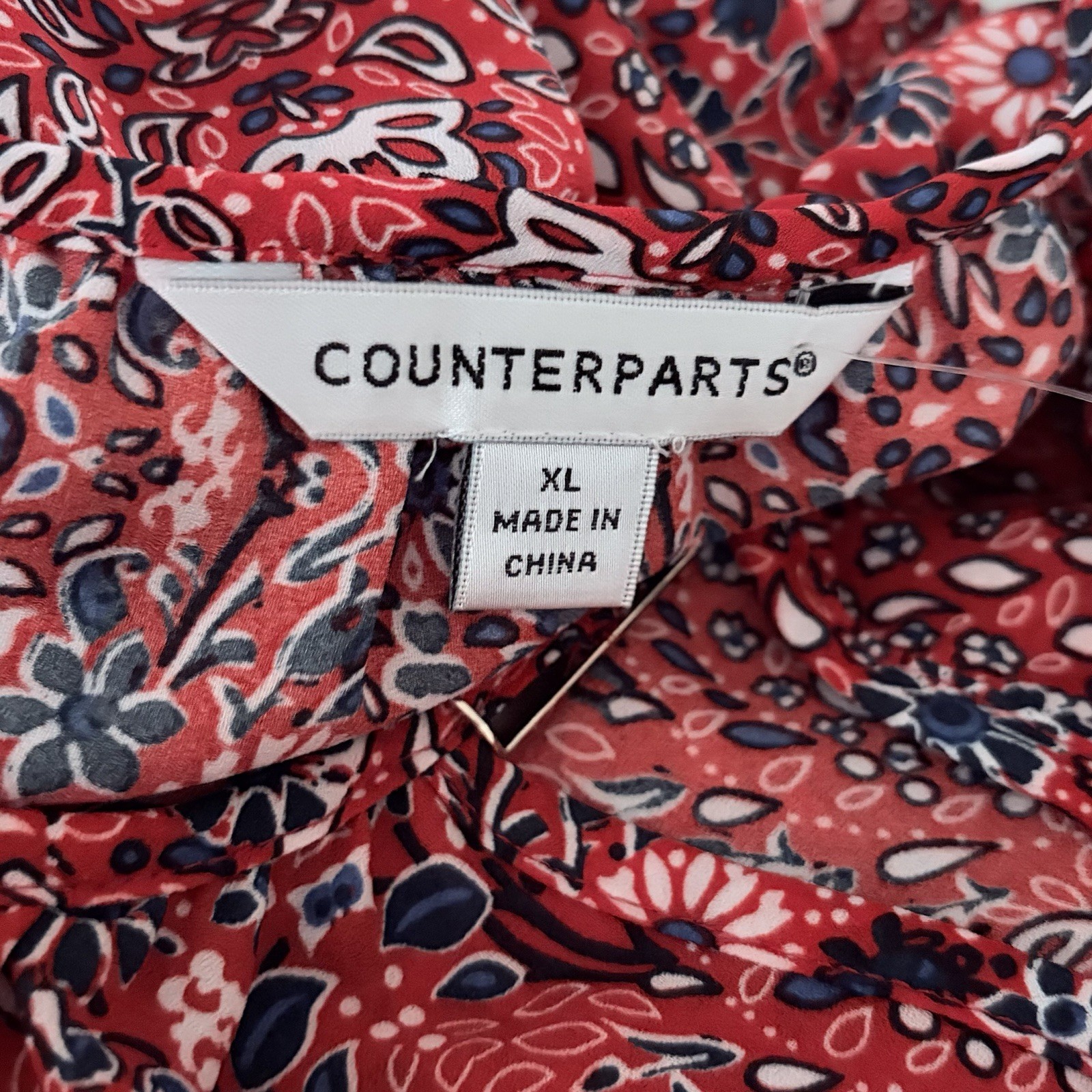 Counterparts Womens XL Boho Floral Blouse 3/4 Sleeve Keyhole Neck Red Multicolor
