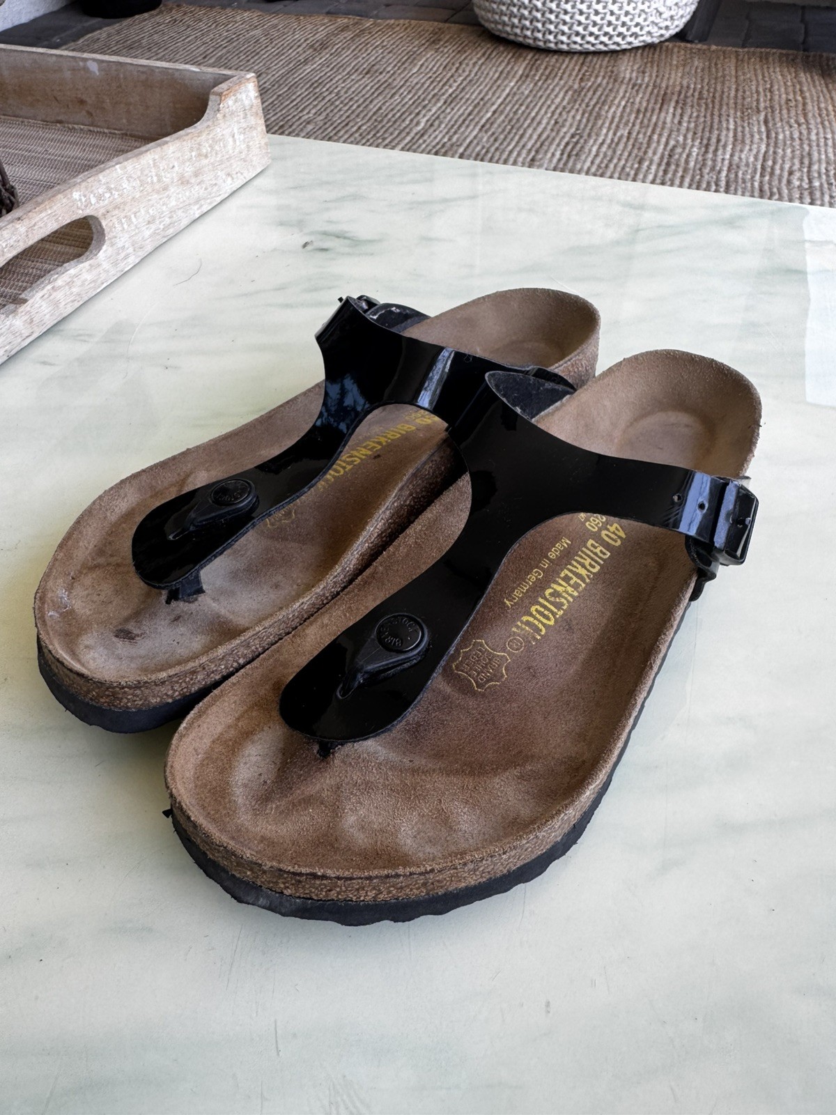Birkenstock Gizeh Birko-Flor Black Patent Slide Sandal Thong EU 40 US 9- 9.5