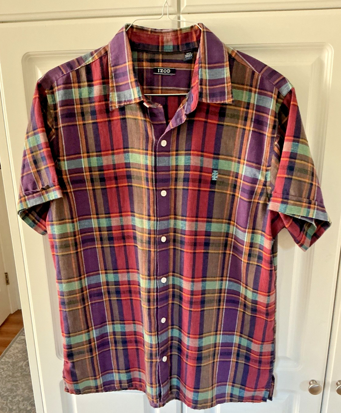 Izod Men’s Short Sleeve Shirt – Large- 55% Linen/45% Polyester- Lt. Wt. Plaid