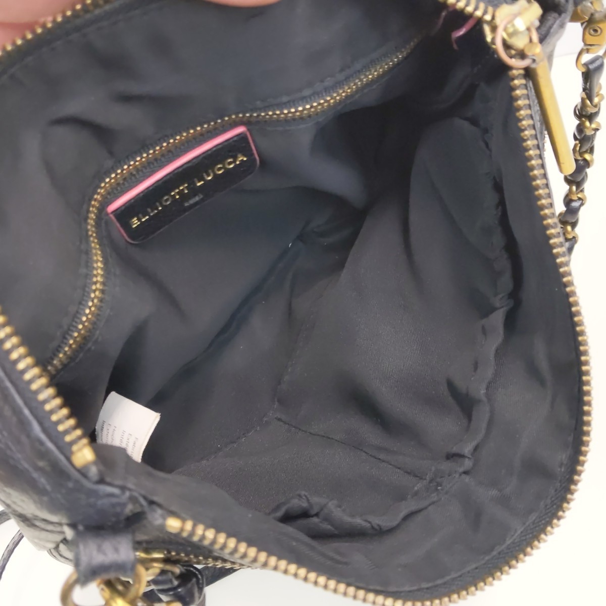 Elliott Lucca Black Leather Crossbody Shoulder Bag Multi Zip Pockets Chain Strap