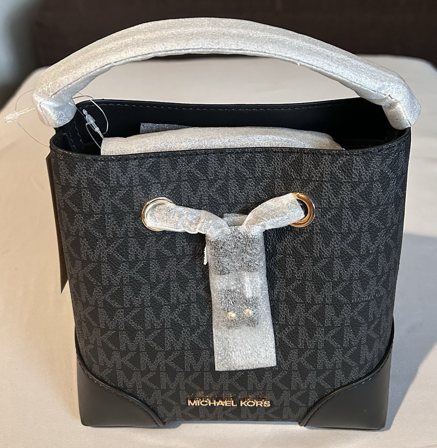 Michael Kors Logo Monogram Mercer Small Drawstring Satchel Top Handle Black Gray