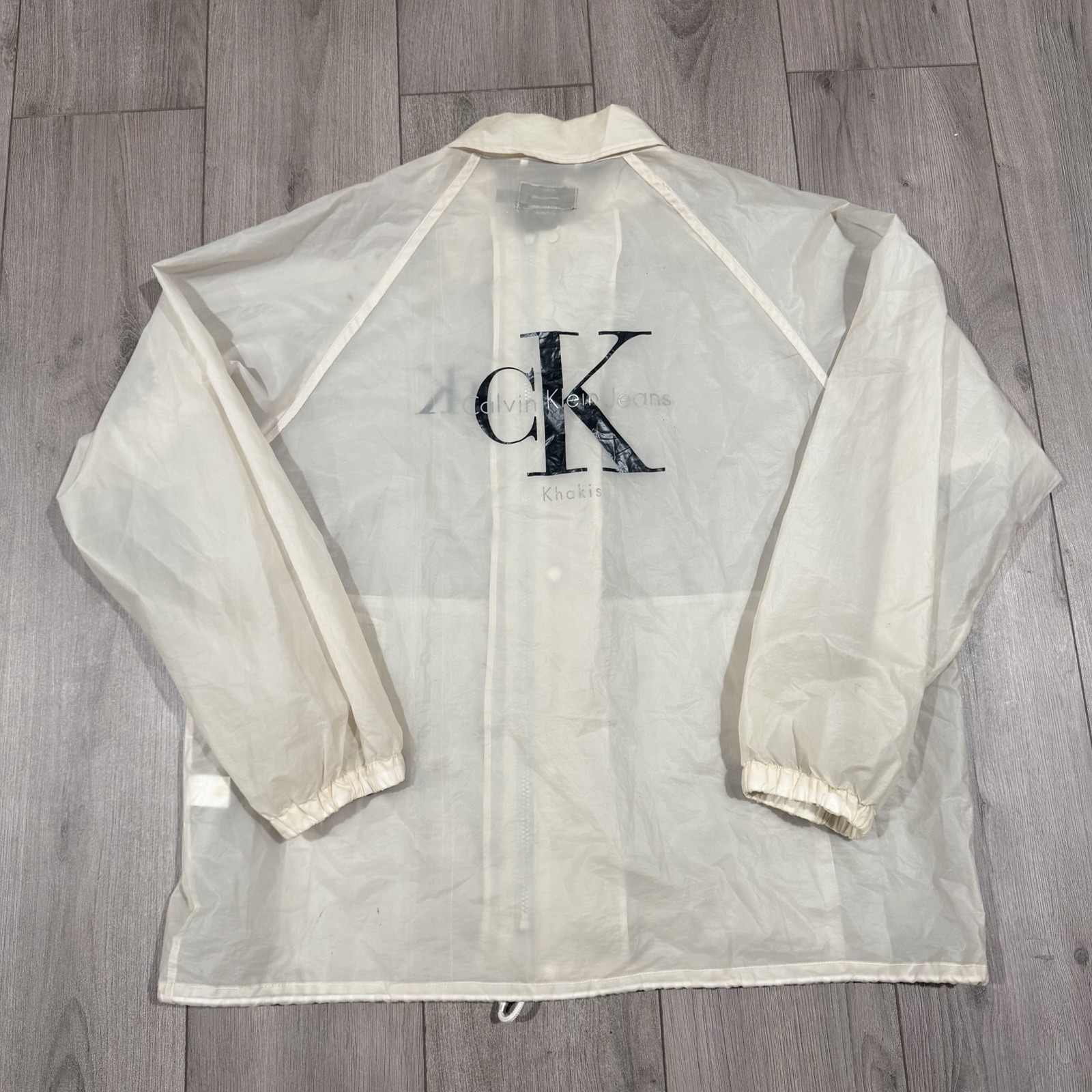 VTG RARE Calvin Klein Rain Jacket Mens Large Hood Clear Transparent Plastic PVC