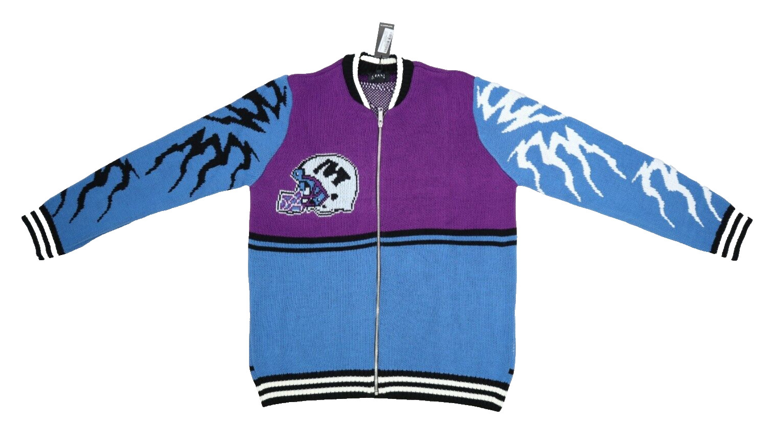 Boohoo Man Regular Homme Football Knitted Bomber Full Zip Sweater Blue Purple M
