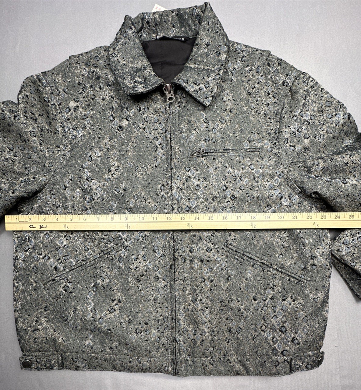 Zara Men’s Cropped Fit Jacquard Bomber Jacket Medium Black Grey Blue Coat NWT