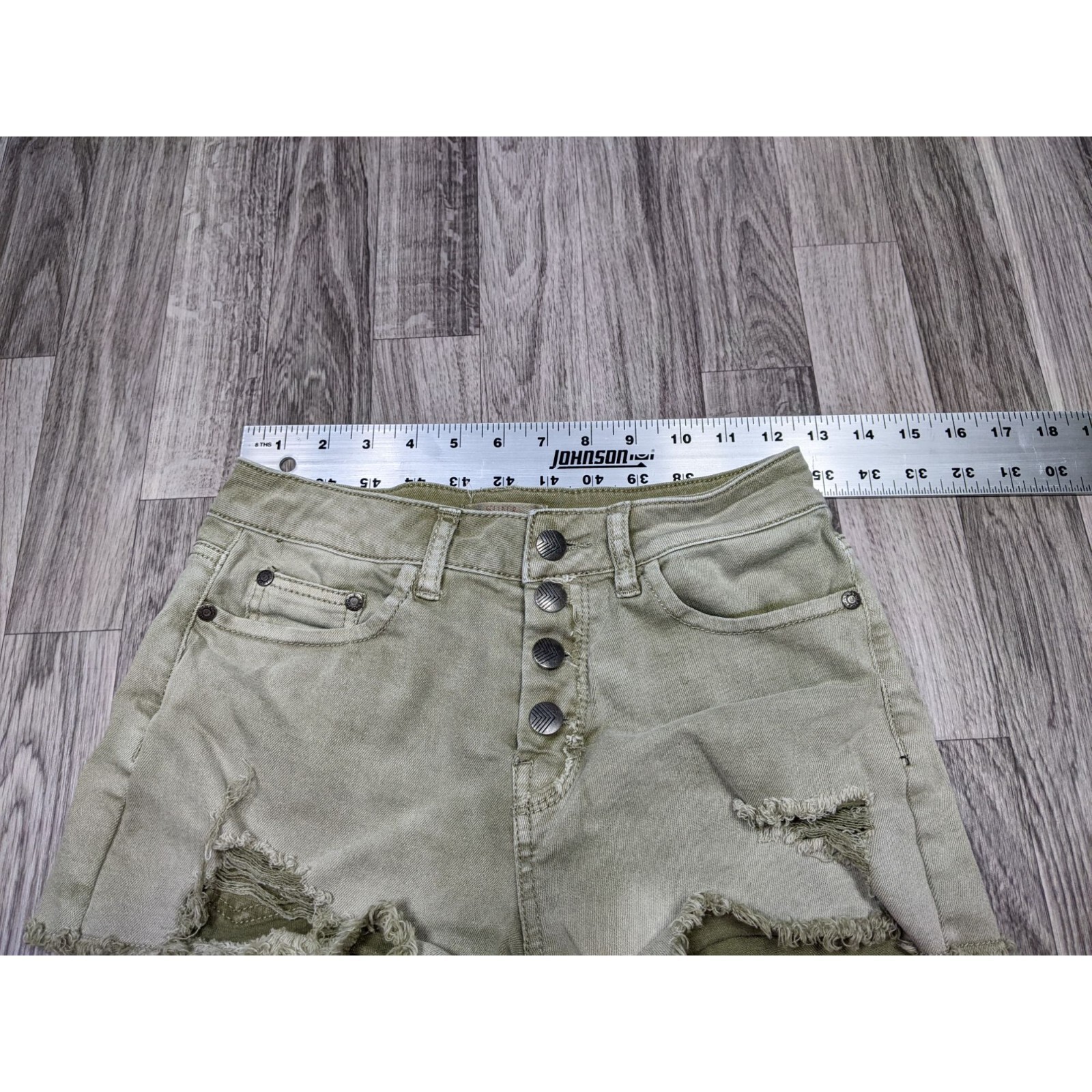 Sun & Shadow Womens Size 25 Distressed Fringe Hem Button Fly Green Jean Shorts