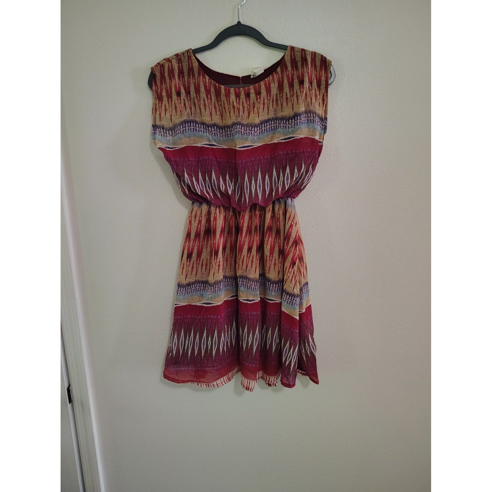 Japna Womens XS Ikat Geometric Print Sleeveless Chiffon Mini Dress Burgundy Tan