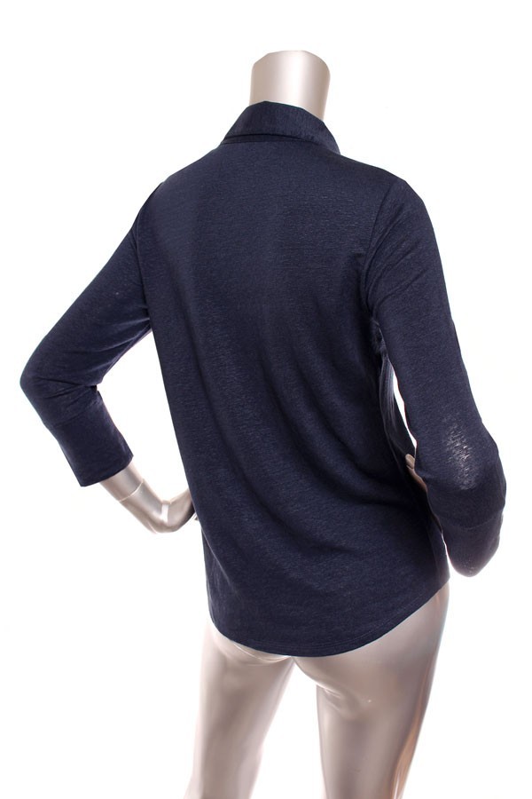 NEW Women J. McLaughlin Brynn Linen Stretch 3/4 Sleeve Button Down Shirt Navy