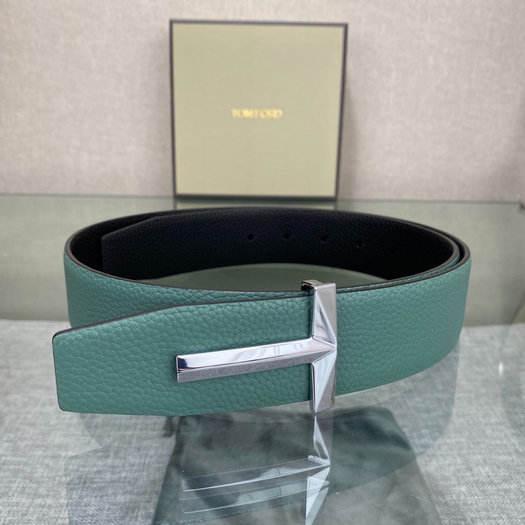 Tom Ford Green/Black Calfskin Reversible Belt Silvery Simple T Buckle