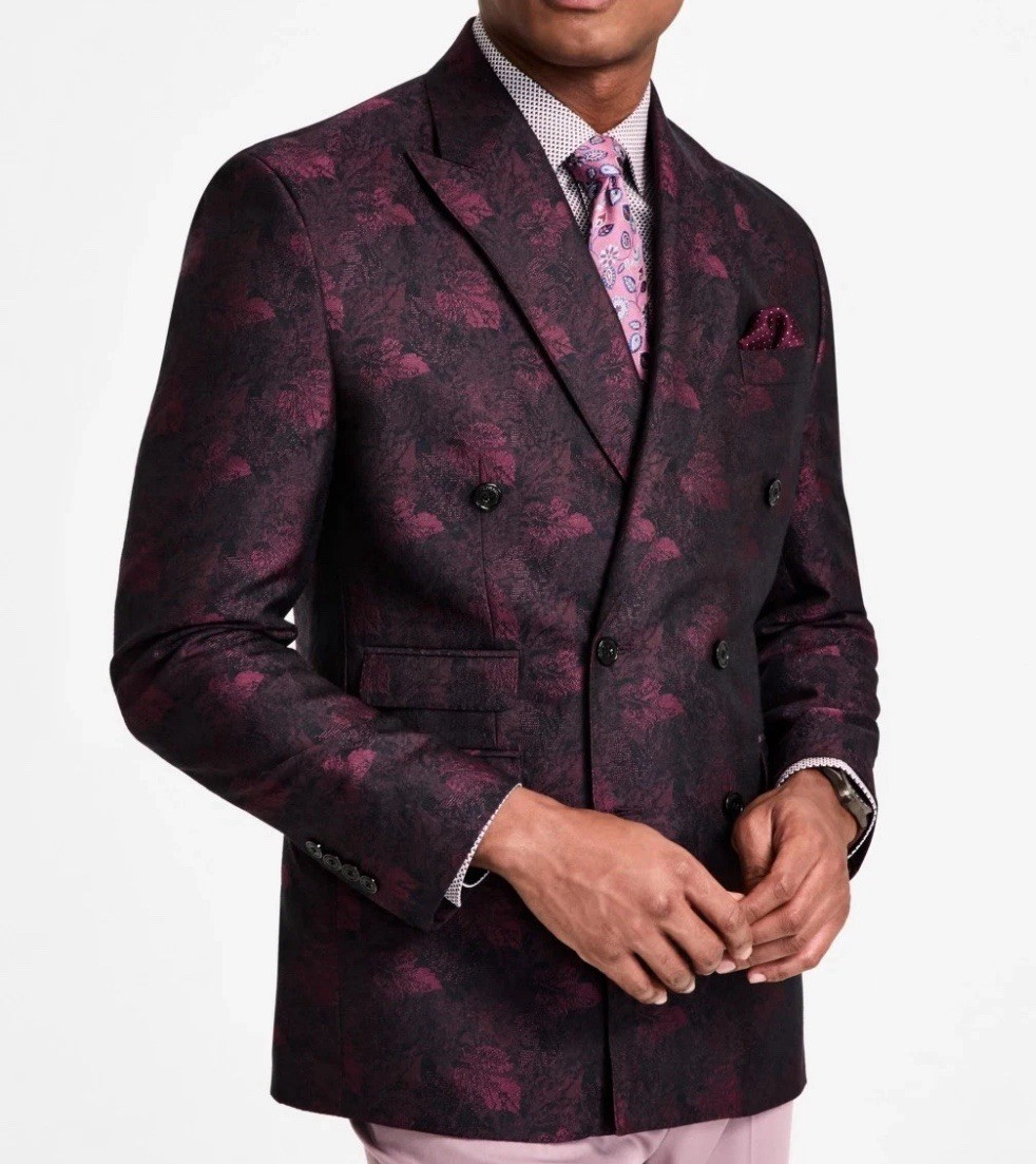 Tayion Double Breasted Wine Black Classic Fit Jacquard Dinner Jacket 46R New NWT