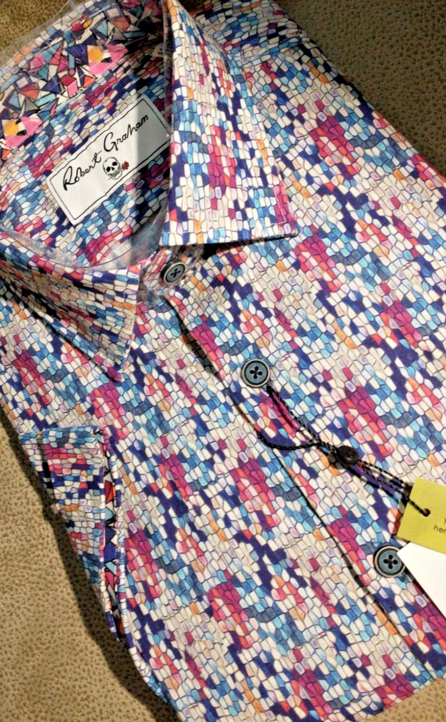 NWT Robert Graham men’s Size L Short Sleeve Button Down Geo/Checks Jacq Clas