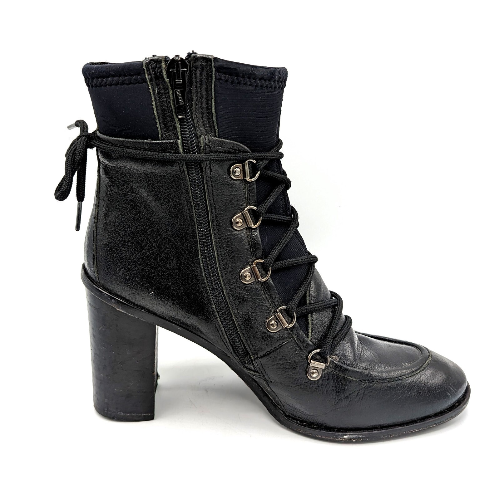 Napoleoni Grannie Black Leather Neoprene Lace-up Witch Granny Booties Sz 9 (39)