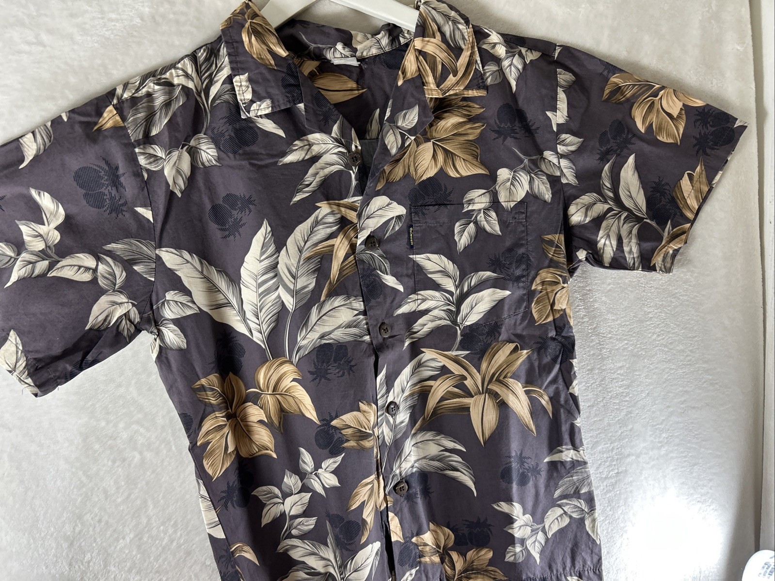 Palmwave Hawaiian/Aloha Shirt-Gray w/ Palms,Islands,& flowers Small Free Ship